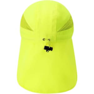 A bright yellow cap with mesh detailing at the sides and an adjustable drawstring at the back.