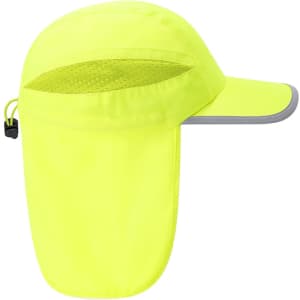 A bright yellow cap with a wide brim and a mesh panel. It features a logo and a neck flap for added coverage.