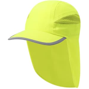 A bright yellow cap with a wide brim and mesh panels, featuring a logo. Ideal for sun protection.