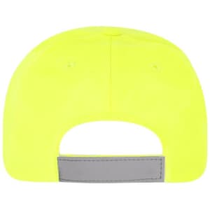 A bright yellow cap with a grey adjustable strap at the back. Features a logo on the side.