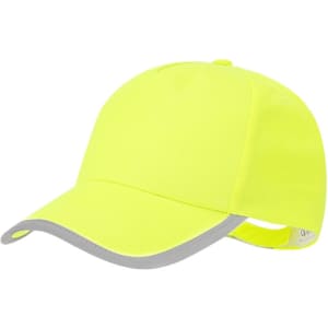 A bright yellow cap with a grey peak and an adjustable strap. It features a logo.