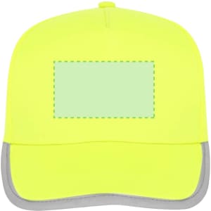 A bright yellow cap with a grey peak and a blank area for customisation, featuring a logo on the front.