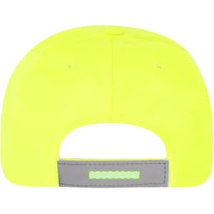A bright yellow cap with a grey adjustable strap at the back and a logo on the side.