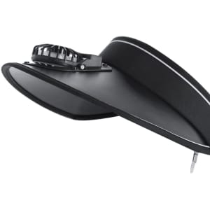 A black visor with an integrated fan, featuring a sleek design and a small logo.