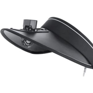 A black sun visor fan featuring a sleek design and an attached fan unit. The product includes a branding logo.