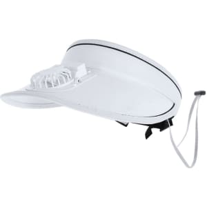 A white sun visor fan with an attached miniature fan and adjustable straps. It includes a logo detail.