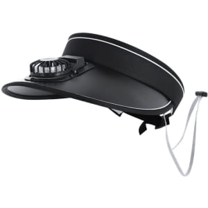 A black sun visor fan with a built-in fan, featuring a curved brim and an adjustable strap at the back.