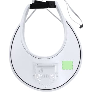 A white sun visor fan featuring a built-in fan and an adjustable strap with a logo.