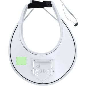 A white sun visor fan featuring a built-in fan at the back and an adjustable strap. It has a plain area for branding.