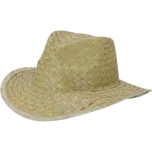 A straw hat in natural tones with a wide brim and a subtle woven texture. It features a logo on the side.