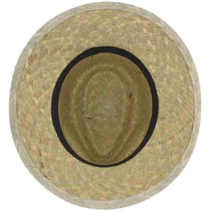 A straw hat with a wide brim, featuring a natural beige colour and a black band around the inside.
