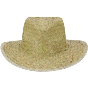 A straw hat in light tan and green tones with a wide brim and a textured woven design. It features a logo.