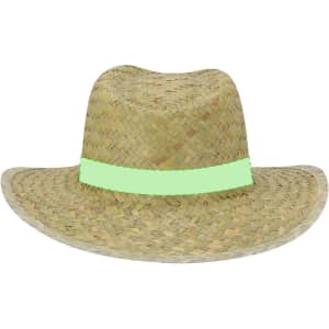 A straw hat in natural tones with a pale green band, featuring a wide brim and a woven design.