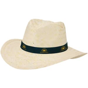 A straw hat in a light colour with a dark band and a logo. The hat has a wide brim and a sophisticated style.
