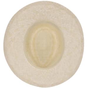 A straw hat in a light beige colour, displaying a woven pattern and a rounded shape. It features a logo.