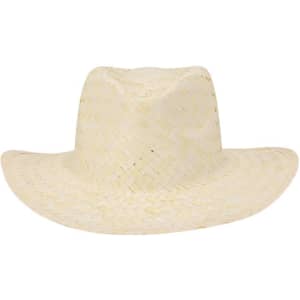 A straw hat featuring a wide brim, crafted in a pale, natural colour, with a textured woven design and a logo.
