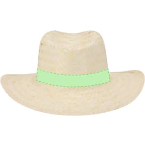 A straw hat with a wide brim and a light green band. The hat features woven texture and a classic design.
