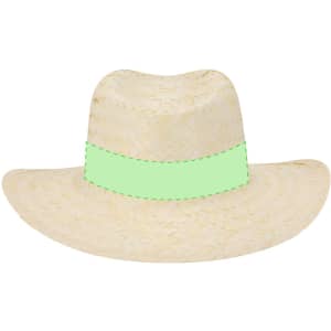A straw hat featuring a wide brim with a mint green band around the crown. It has a simple, natural look.