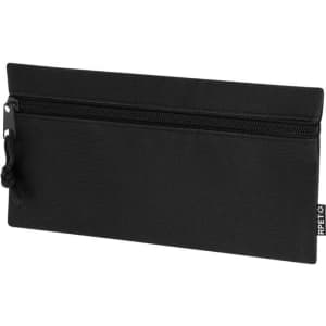 A black pencil case with a zip closure and a logo on the side, designed for office and business use.