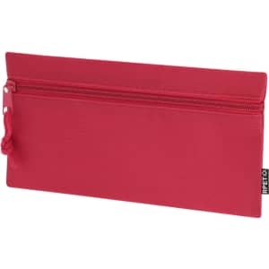 A red pencil case with a zippered closure and a loop for easy carrying. Features a branding logo.