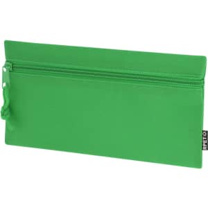 A green pencil case with a zippered closure and a loop for easy carry, featuring a branding logo.