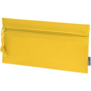 A yellow pencil case with a zip closure and a textured surface, featuring a logo.