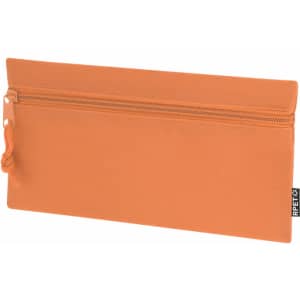An orange pencil case with a zip closure and a matching zipper pull. It features a logo.
