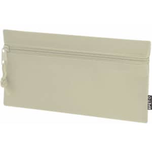 A light grey pencil case with a zip closure and a textured finish, featuring a simple branded logo.