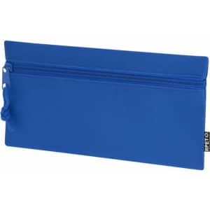 A blue pencil case with a zip closure and a small tassel. It features a branding logo.