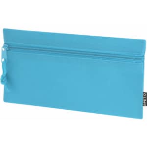 A blue pencil case featuring a zip closure and a fabric loop. It includes a logo.