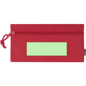 A red pencil case with a zipper and a blank space for a label. It features a small branding tag.