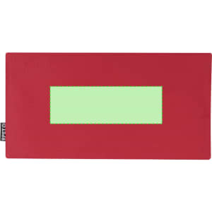 A red pencil case with a green rectangular section, featuring a logo on the side.