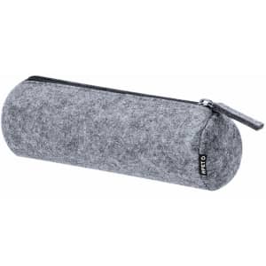 A cylindrical grey pencil case with a zip closure, made from felt material, featuring a branding logo.