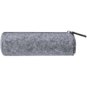 A cylindrical, grey pencil case with a zip closure and a small branding label.