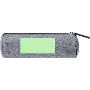 A grey cylindrical pencil case featuring a blank green label area and a zip closure. It includes a branding logo.