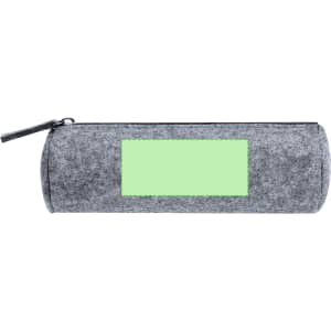 A grey pencil case with a zipper and a green accent panel for personalisation. Features a sleek, cylindrical design.