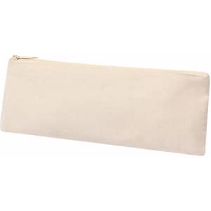 A beige pencil case with a zip closure and a simple design, featuring a logo on one side.