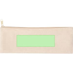 A beige pencil case with a mint green rectangular section, featuring a zip closure and branding.