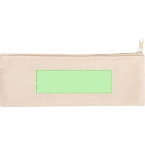 A cream pencil case with a green dashed rectangle, featuring a zip closure and a simple design.