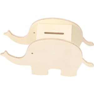 A wooden elephant-shaped money box in a light cream colour with a slot for coins. It features an animal design and has branding.