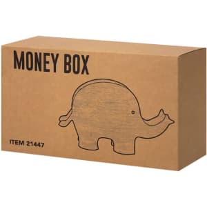 A cardboard box featuring a simplified elephant design, labelled as a money box, in a natural brown colour.