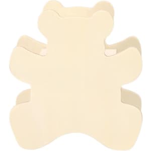 A cream-coloured money box shaped like a teddy bear, featuring a simple design and curved edges.