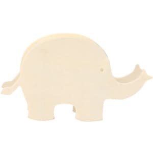 A light-coloured wooden money box shaped like an elephant, featuring simple cut-out details.