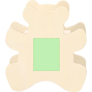 A beige bear-shaped money box with a blank green centre for personalisation. It features a smooth, rounded design.