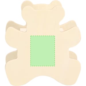 A beige bear-shaped money box with a green square area, featuring a simple design and a logo.