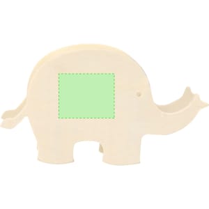 An elephant-shaped money box in a light beige colour with a green rectangular insert for personalisation.