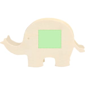 A wooden elephant-shaped money box in a cream colour with a blank green square on its side and a simple design.
