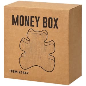 A cardboard box containing a bear-shaped money box, featuring a simple design and a logo.