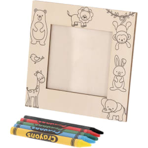 A natural wooden photo frame featuring animal illustrations, accompanied by four bright crayons in red, blue, yellow, and green.