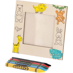 A children's photo frame featuring animal sketches in various colours, with four crayons in red, blue, yellow, and green.